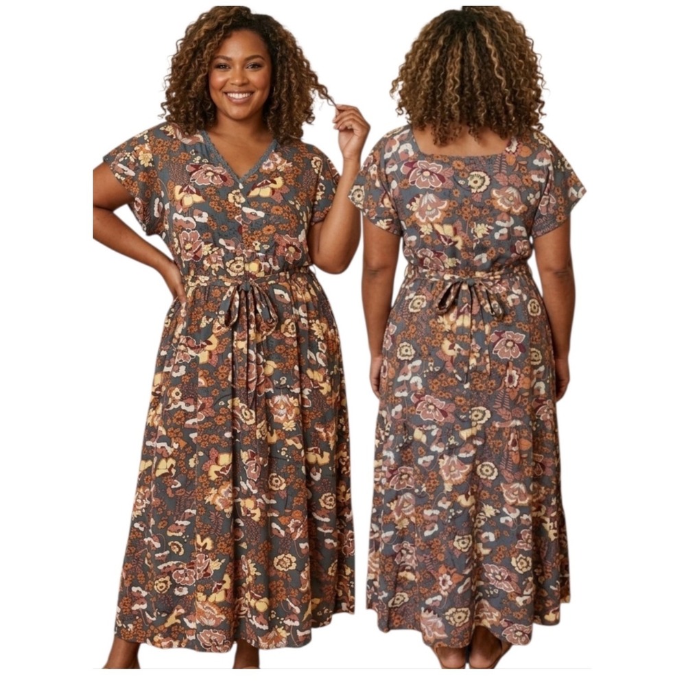 Rusttydustty Floral Maxi Dress 4X Boho VNeck Lace Trim Flutter Sleeve Grey Multi
